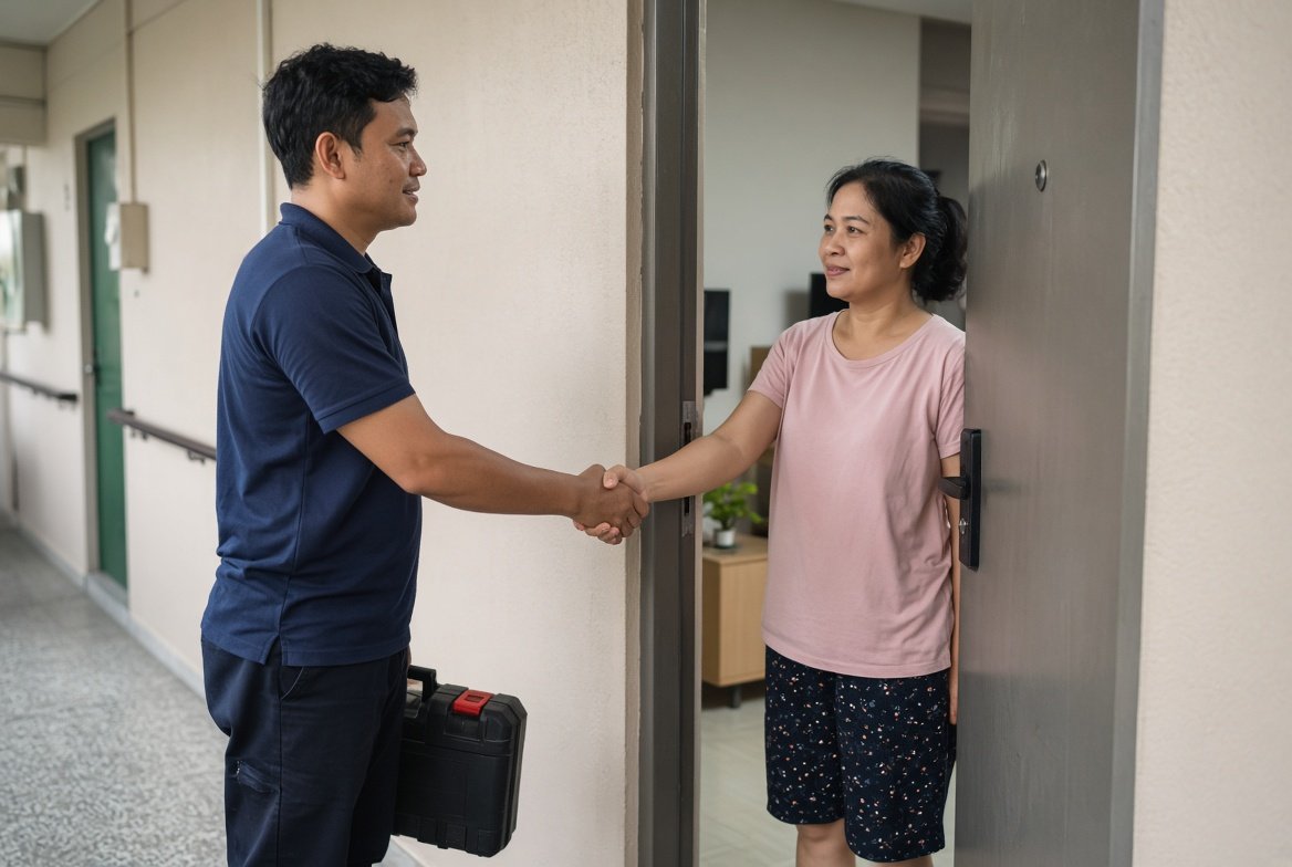 Customer and technician after a repair in a Singapore home